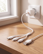 1+1 CADOU Încărcător Rapid 45W, Cablu 3 în 1 USB-C / Lightning / Micro USB Inclus, Port USB-A, Ștecăr European – Alb