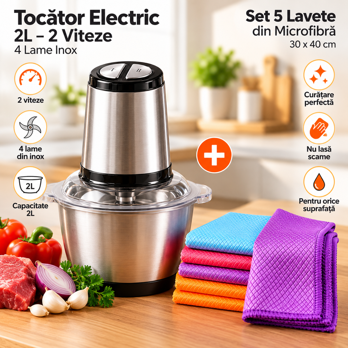 Tocător Electric din Inox 2L + Set 5 Lavete din Microfibră