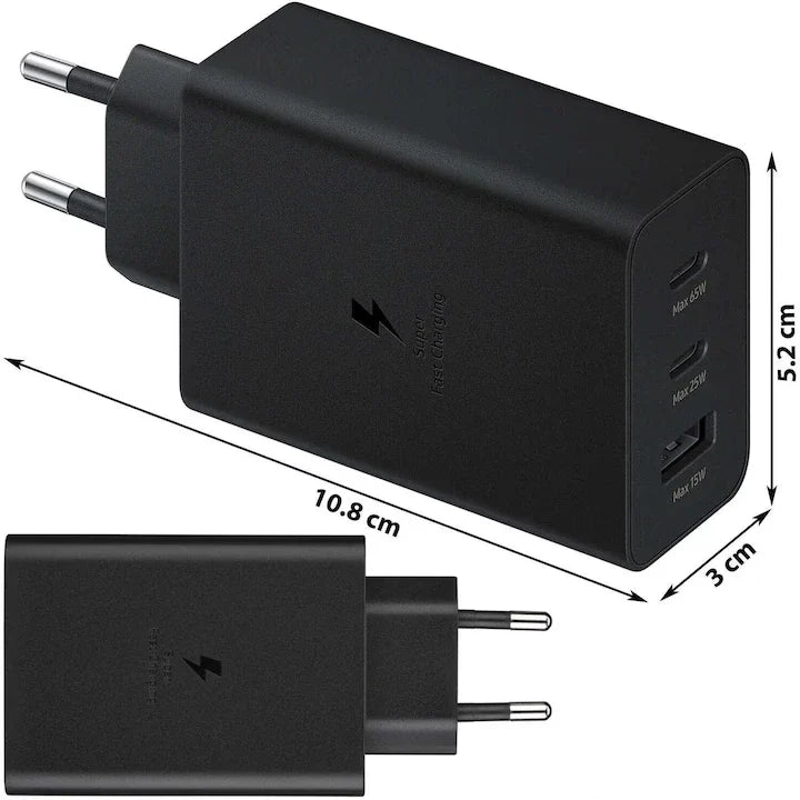 1+1 CADOU Încărcător Rapid 65W PD, Tehnologie GaN, 2x USB-C, 1x USB-A, Super Fast Charging, Cablu USB-C Inclus – Negru