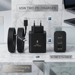 1+1 CADOU Încărcător Rapid 65W PD, Tehnologie GaN, 2x USB-C, 1x USB-A, Super Fast Charging, Cablu USB-C Inclus – Negru