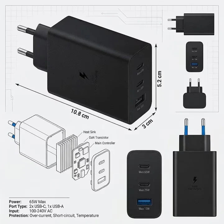 1+1 CADOU Încărcător Rapid 65W PD, Tehnologie GaN, 2x USB-C, 1x USB-A, Super Fast Charging, Cablu USB-C Inclus – Negru