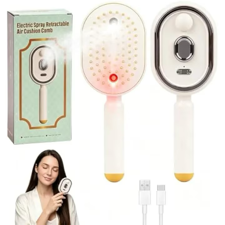 1+1 CADOU Perie electrica pentru par, nano-mist, lumina rosie, detangling anti-static, rezervor 10 ml, reincarcabila USB-C, alb