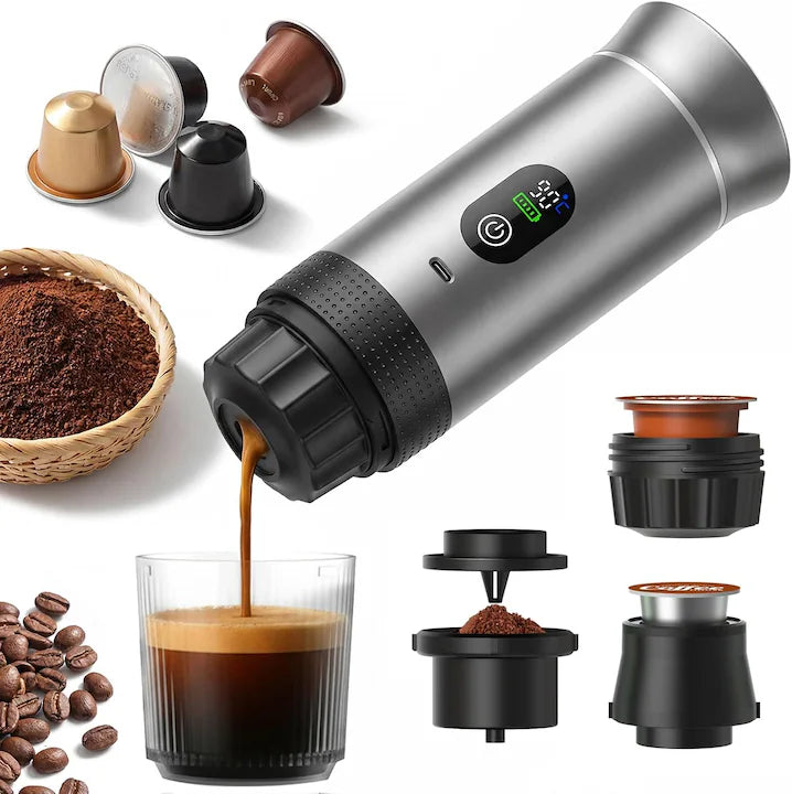 Espressor portabil reincarcabil 3 in 1, dispune de afisaj digital, compatibil cu capsule mari, capsule mici si cafea macinata