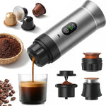 Espressor portabil reincarcabil 3 in 1, dispune de afisaj digital, compatibil cu capsule mari, capsule mici si cafea macinata