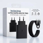 1+1 CADOU Încărcător Rapid 65W PD, Tehnologie GaN, 2x USB-C, 1x USB-A, Super Fast Charging, Cablu USB-C Inclus – Negru