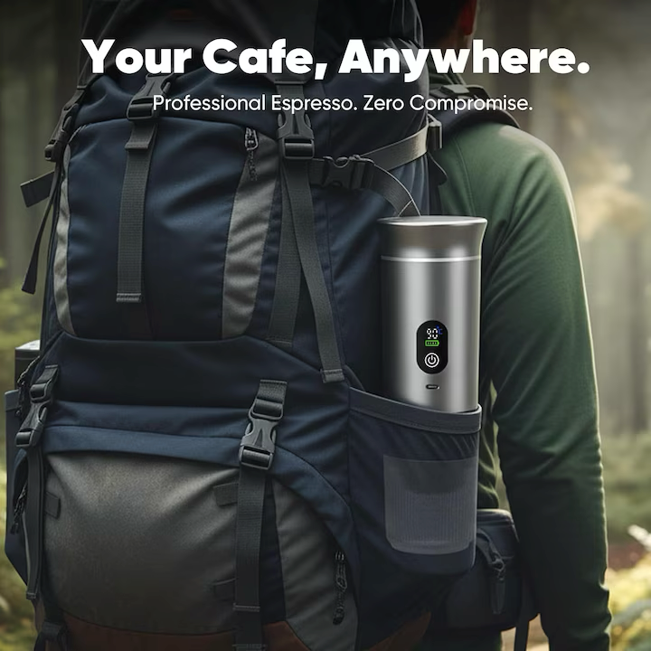 Espressor portabil reincarcabil 3 in 1, dispune de afisaj digital, compatibil cu capsule mari, capsule mici si cafea macinata