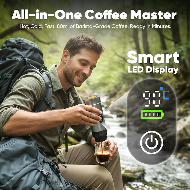 Espressor portabil reincarcabil 3 in 1, dispune de afisaj digital, compatibil cu capsule mari, capsule mici si cafea macinata
