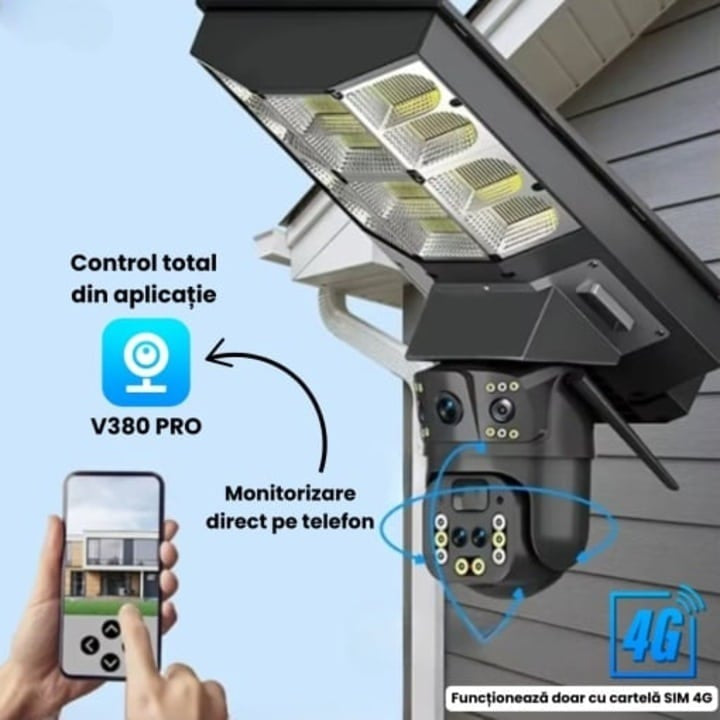 Cameră de securitate solară V380 – 16000mAh, zoom 10x, urmărire mișcare, audio bidirecțional