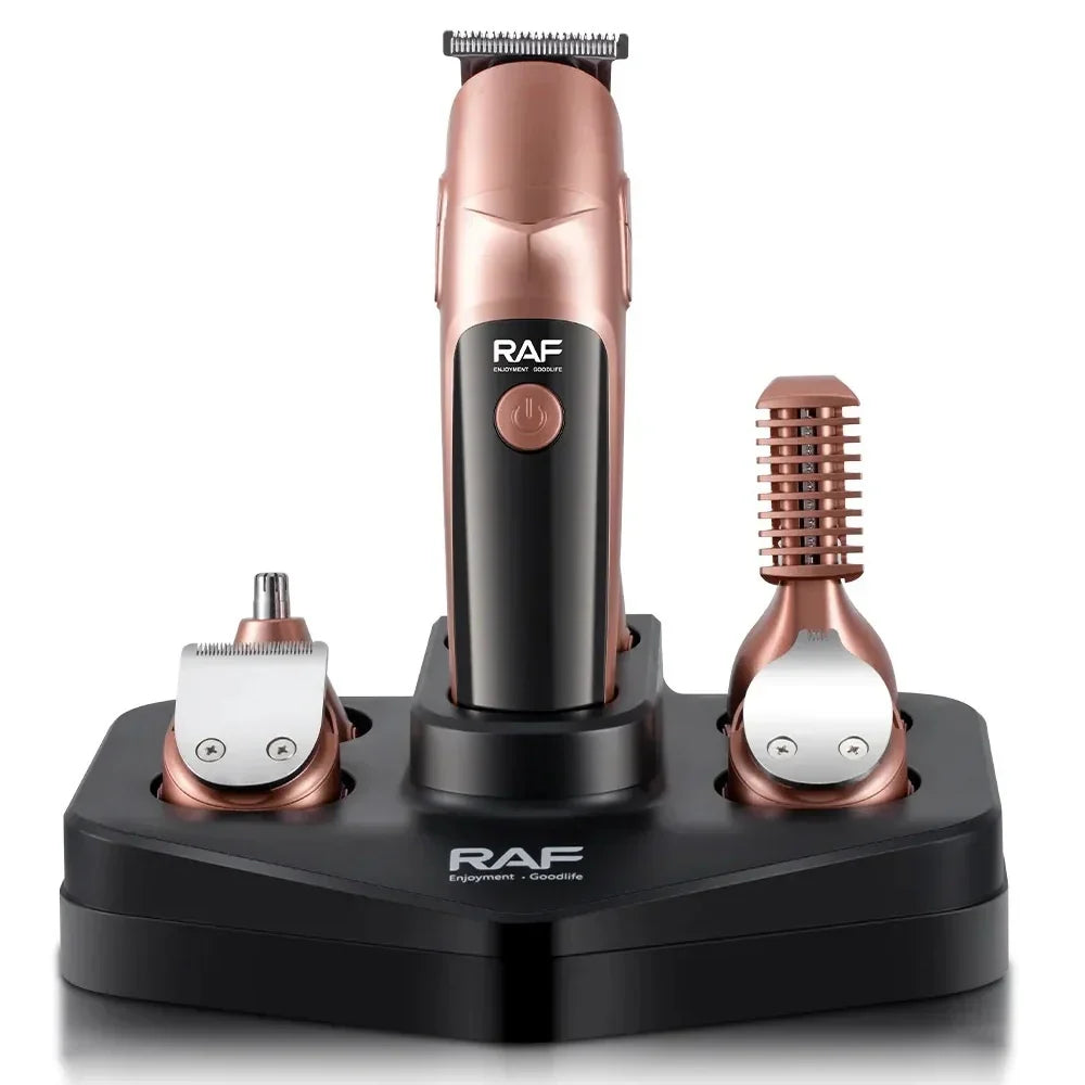 Set cu aparat de tuns fara fir, RAF R4021, 5W, cu 19 accesorii, incarcare USB Type C si suport, 19.5x15x20cm, negru-cupru