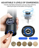 Set electric de rasnite pentru sare si piper, 2 bucati, negru, cu suport, functionare automata, ajustare grosime, 70ml