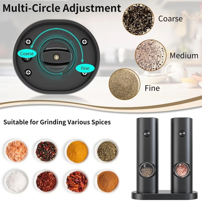 Set electric de rasnite pentru sare si piper, 2 bucati, negru, cu suport, functionare automata, ajustare grosime, 70ml
