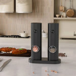 Set electric de rasnite pentru sare si piper, 2 bucati, negru, cu suport, functionare automata, ajustare grosime, 70ml