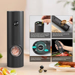Set electric de rasnite pentru sare si piper, 2 bucati, negru, cu suport, functionare automata, ajustare grosime, 70ml