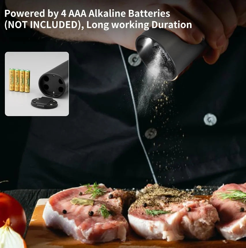 Set electric de rasnite pentru sare si piper, 2 bucati, negru, cu suport, functionare automata, ajustare grosime, 70ml