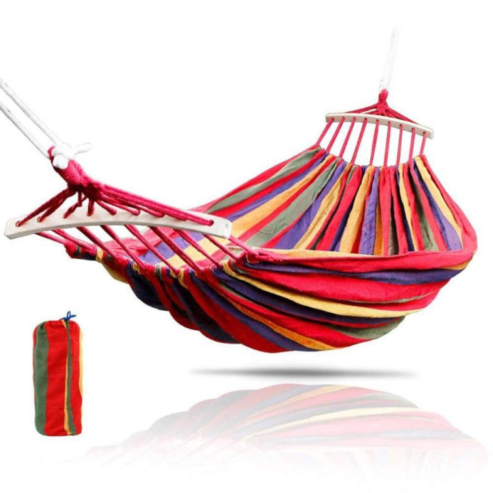 Hamac dublu bumbac cu bara de lemn + Scaun pliabil portabil, retractabil, telescopic, pentru exterior CADOU
