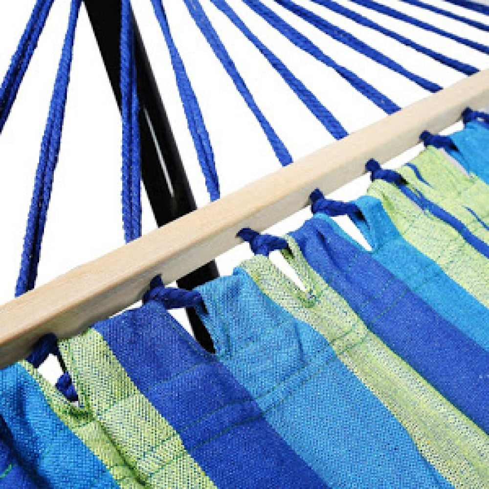 Hamac dublu bumbac cu bara de lemn + Scaun pliabil portabil, retractabil, telescopic, pentru exterior CADOU
