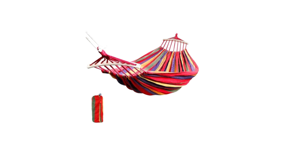 Hamac dublu bumbac cu bara de lemn + Scaun pliabil portabil, retractabil, telescopic, pentru exterior CADOU